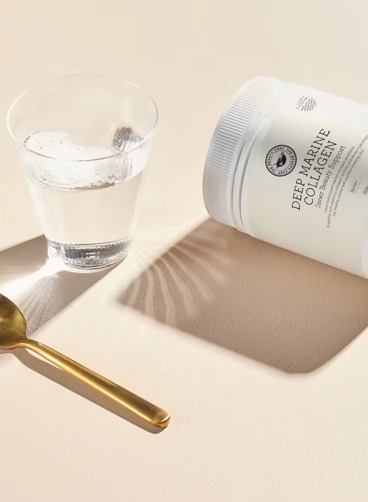 Deep Marine Collagen with a glass of water